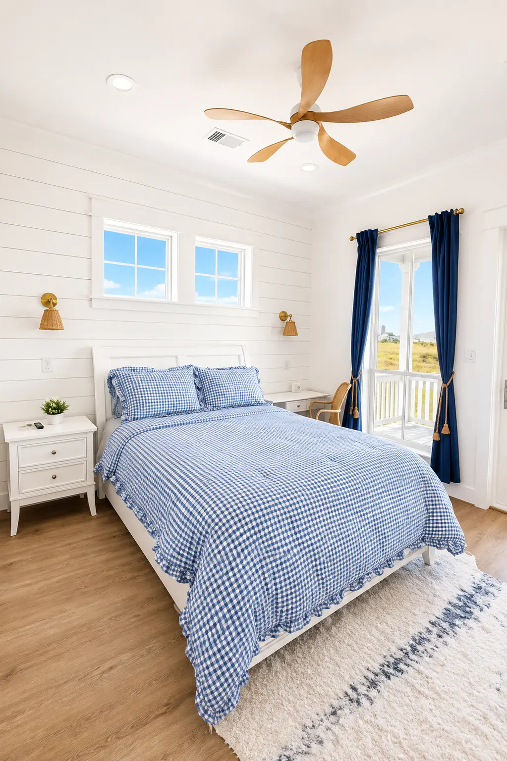 Bright guest bedroom with coastal artwork