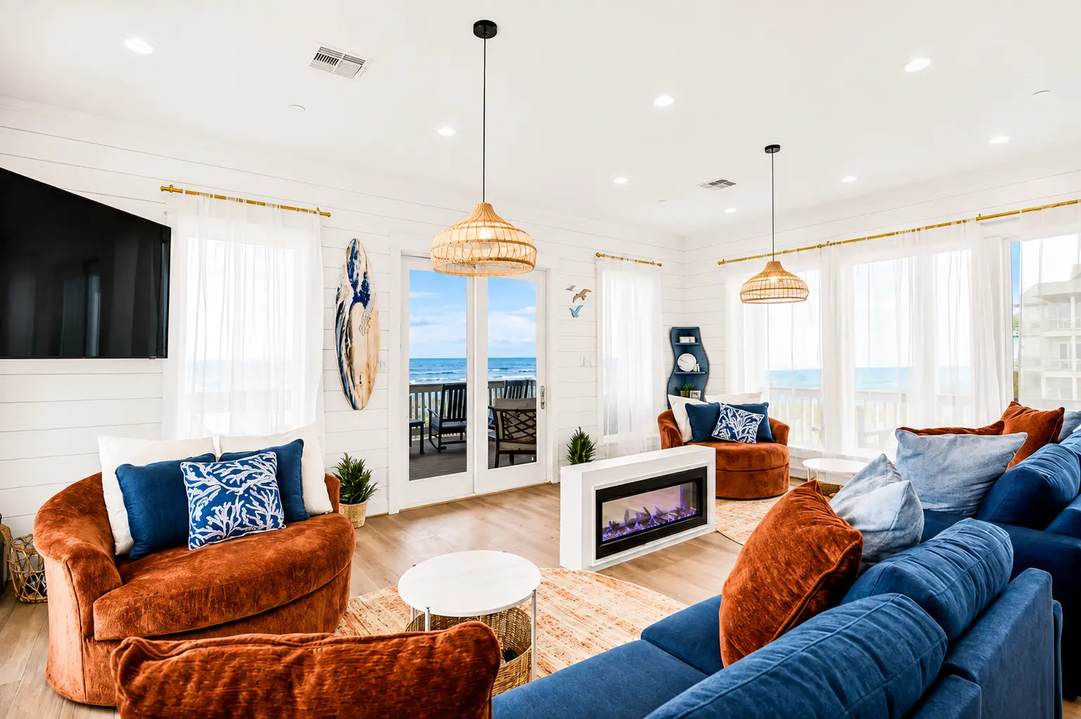 Open living room with coastal decor and natural light